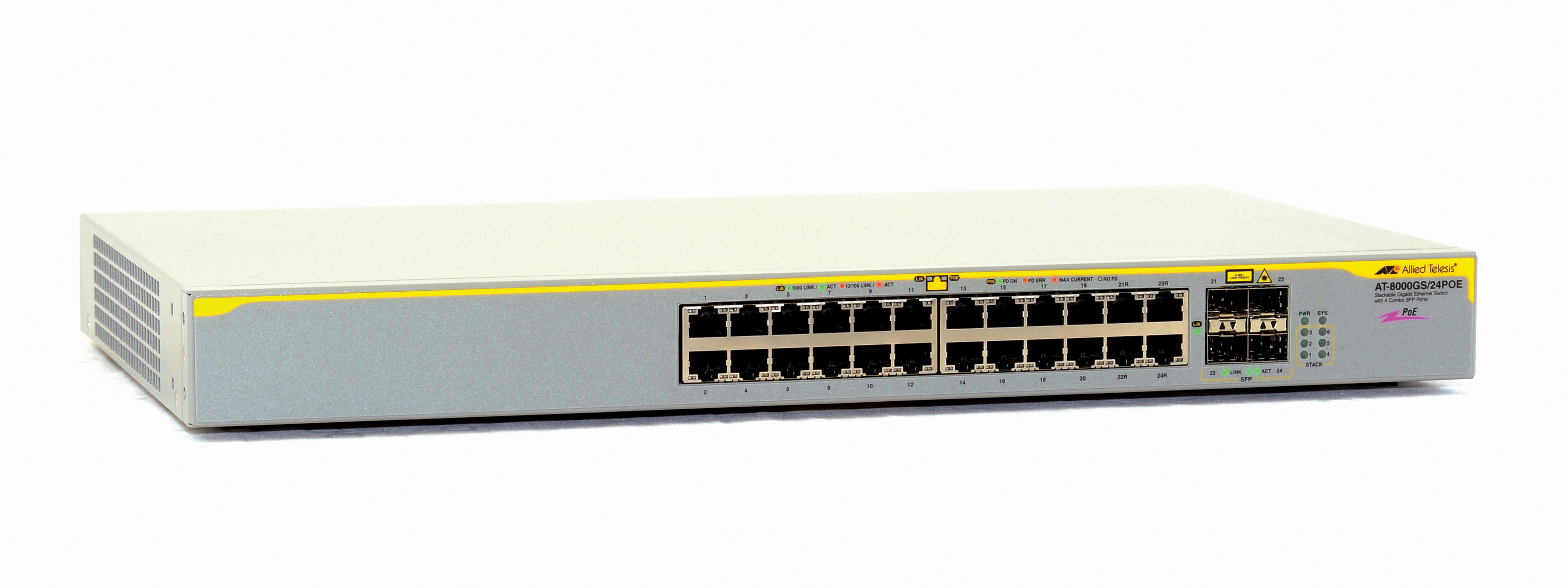 Коммутатор Allied Telesis AT-8000GS, 24xRJ-45 1Gbps ports, 4xSFP 1Gbps ports, Layer L2, Web/CLI managed, 18xPoE ports (PoE power 140W), Stackable, 1U rack